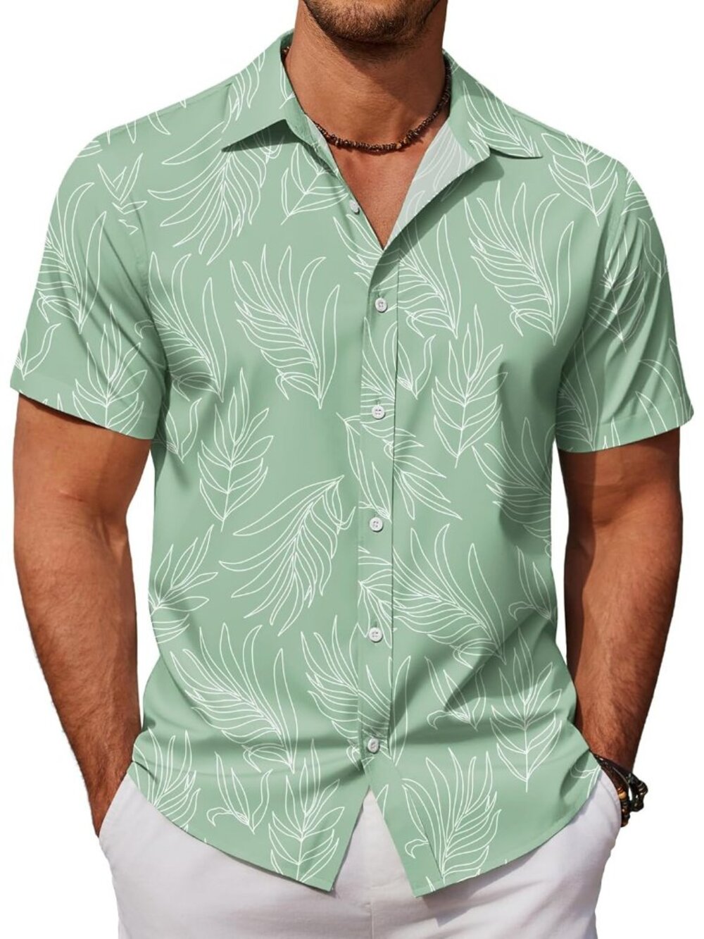 Men's Light Green Hawaiian Short Sleeve Aloha Beach Casual Button Down Shirt